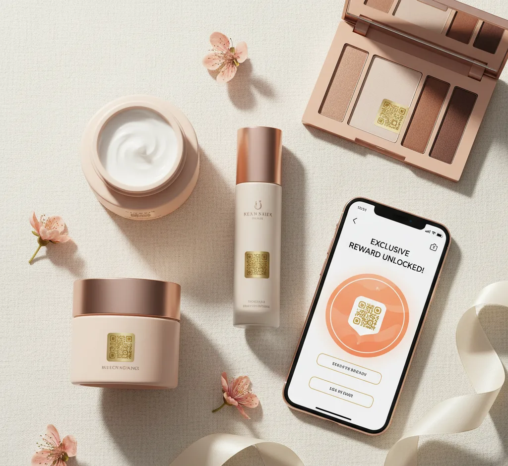 Embalagem de produto de beleza com QR Code linkando para recompensas e indicações
