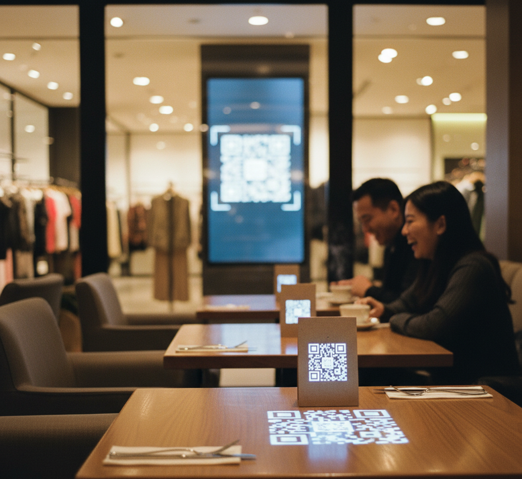 Clothing store and restaurant using QR codes for coupons, menus, and rewards programs