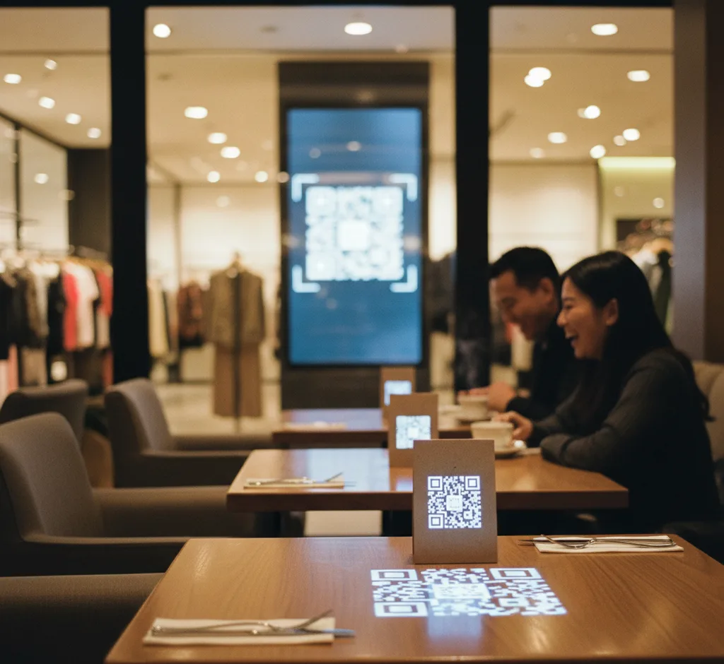 Loja de roupas e restaurante usando QR Codes para cupons, cardápios e programas de recompensas