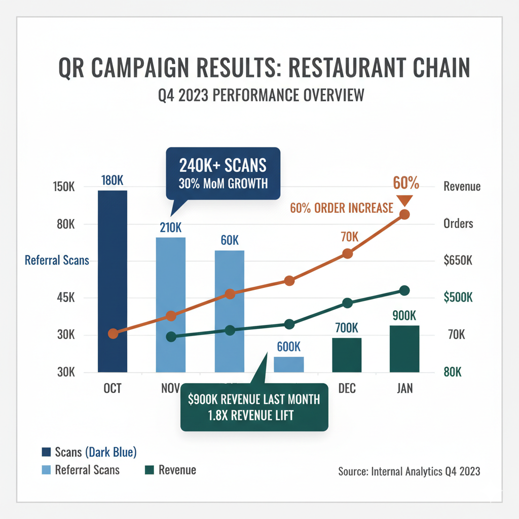 Restaurant chain QR campaign results with scans, referrals, and revenue lift