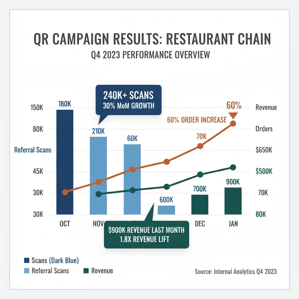 Restaurant chain QR campaign results with scans, referrals, and revenue lift