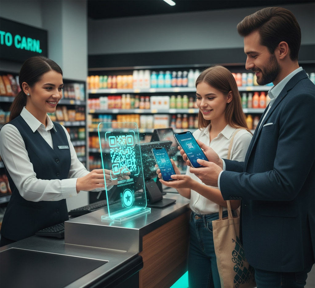 Customers scanning QR codes in a store to earn loyalty rewards