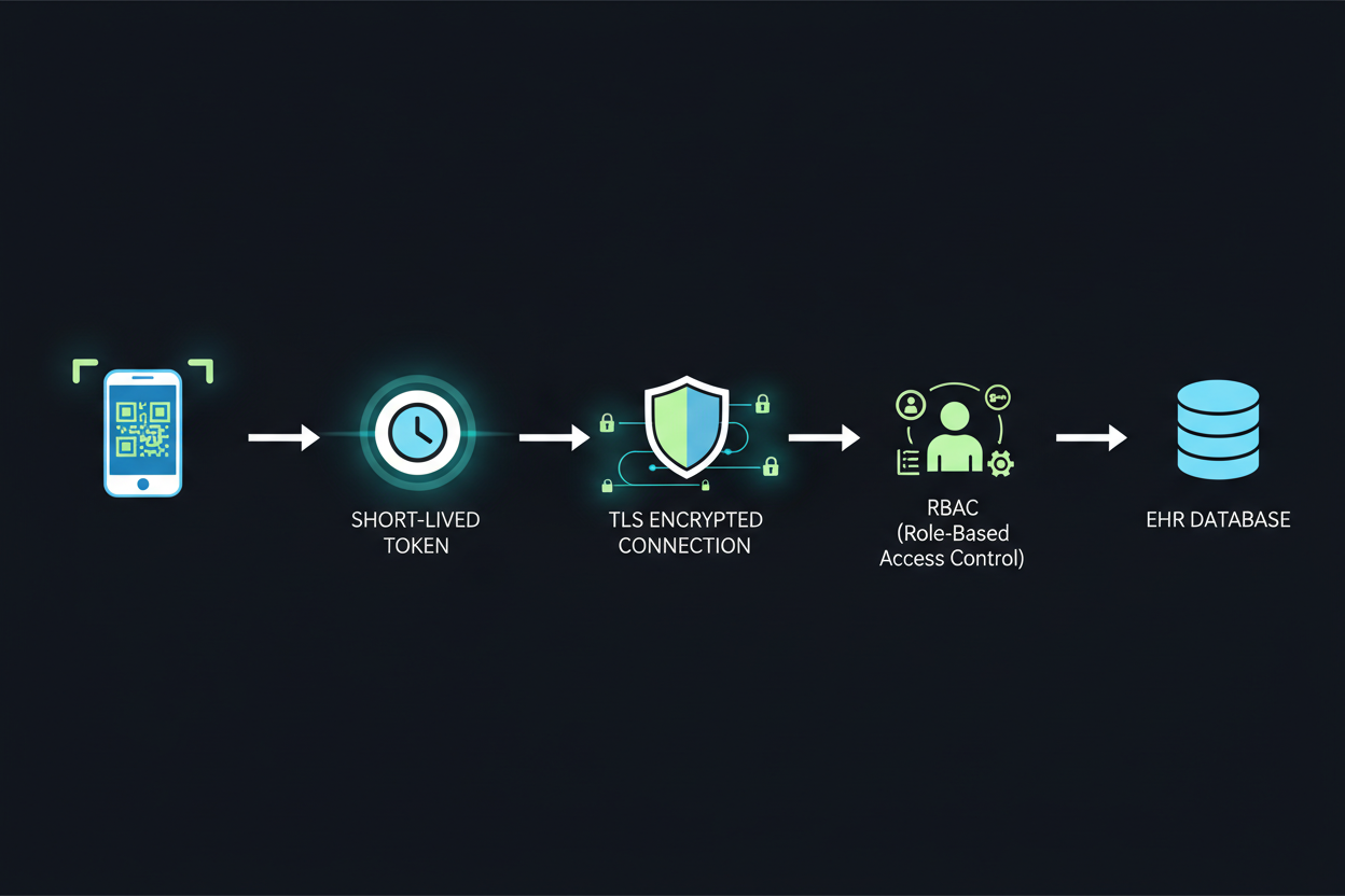 Secure token flow for QR codes in healthcare with HIPAA, RBAC, and TLS