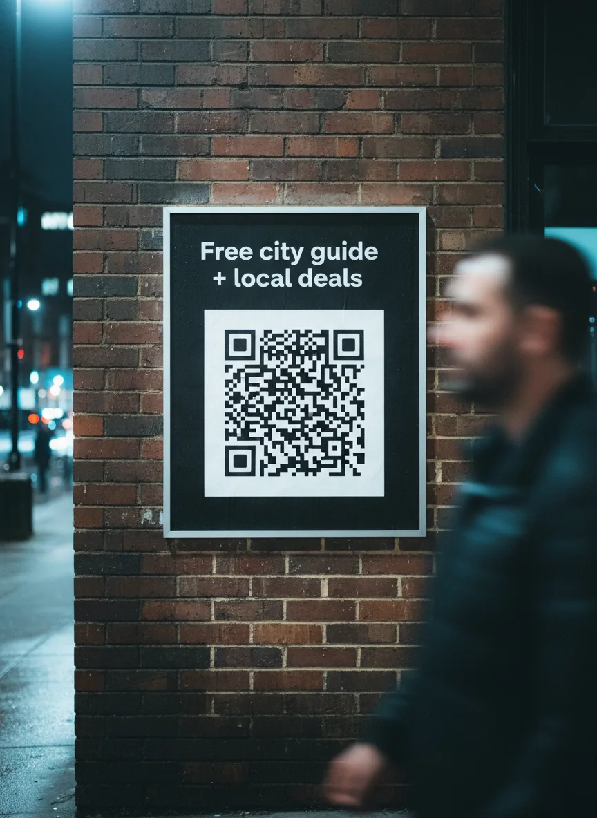 Cartel callejero con código QR para guía gratuita de la ciudad y ofertas locales