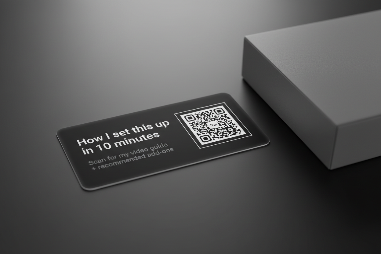 Product unboxing insert card with QR for setup steps and add-ons