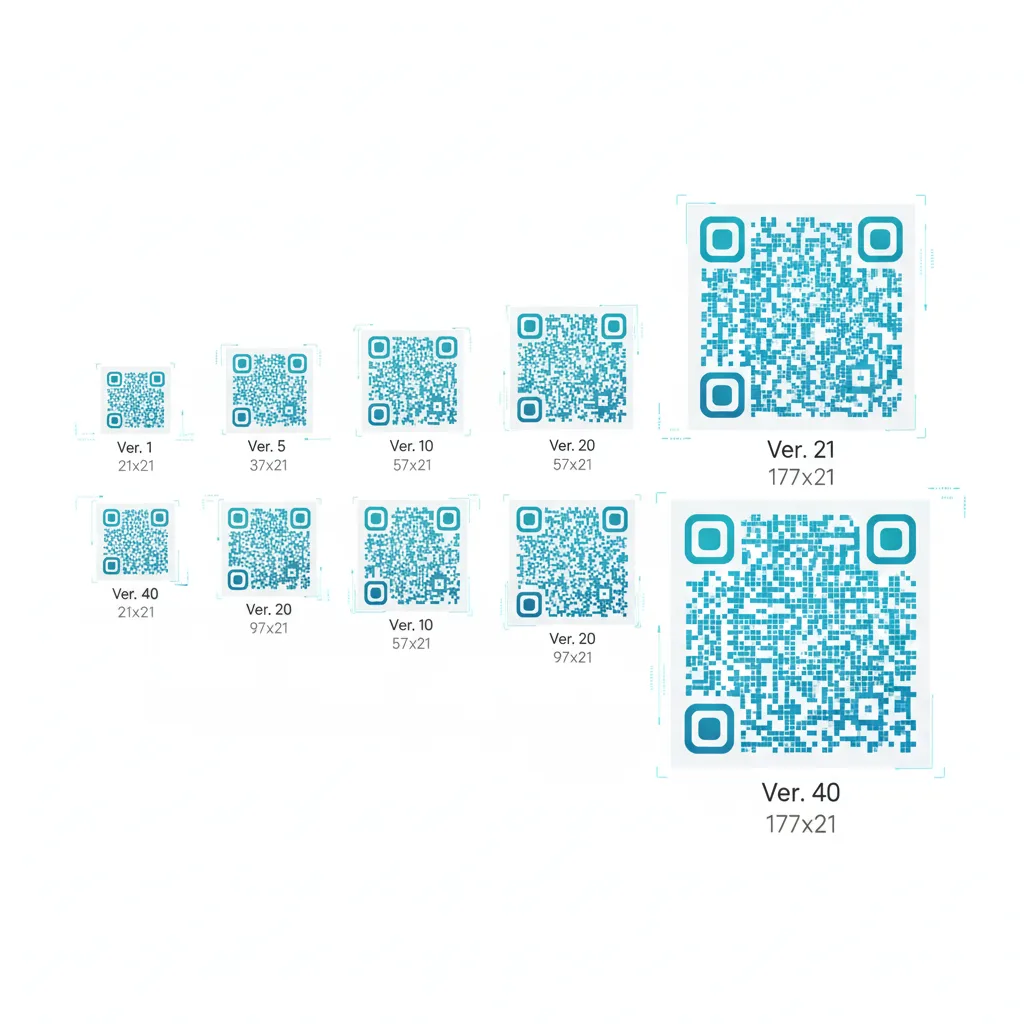 Infografía mostrando las versiones de códigos QR de menor a mayor con la cantidad de módulos