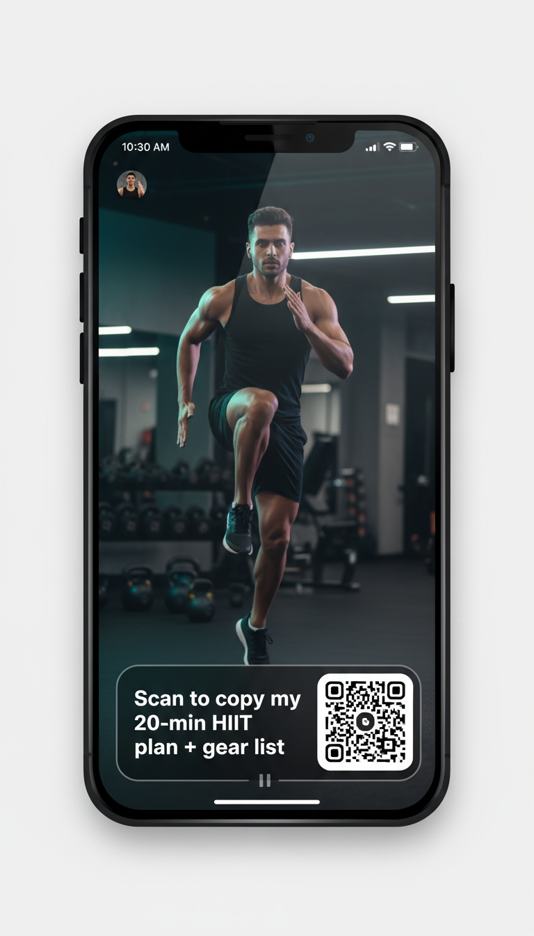 Social video phone mockup with QR overlay for HIIT plan and gear list