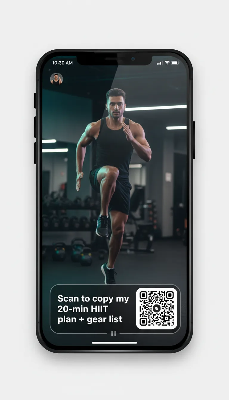 Mockup de teléfono con vídeo social y superposición QR para plan HIIT y lista de equipamiento