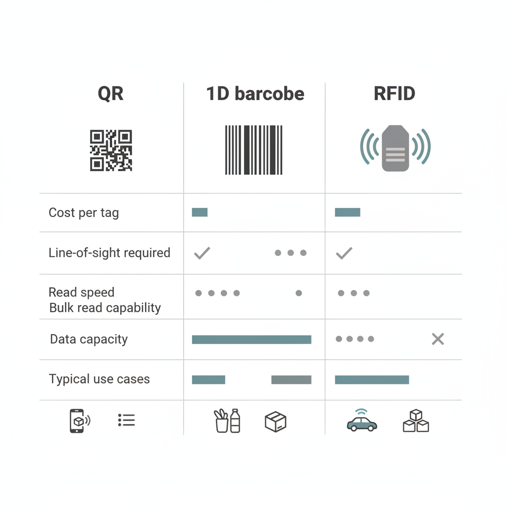 Infographic comparing QR codes, 1D barcodes, and RFID across logistics criteria
