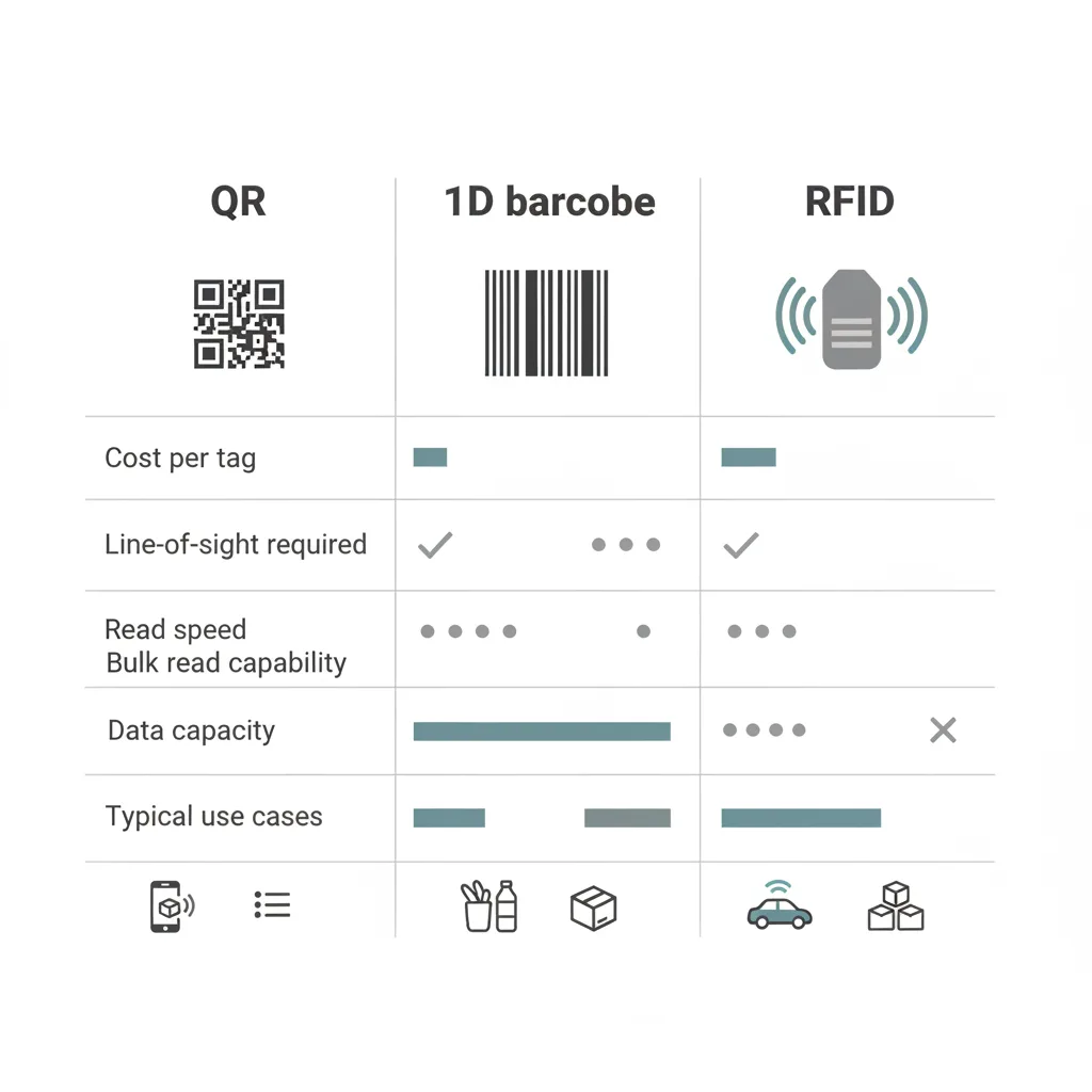 Infográfico comparando QR Codes, códigos de barras 1D e RFID em critérios logísticos