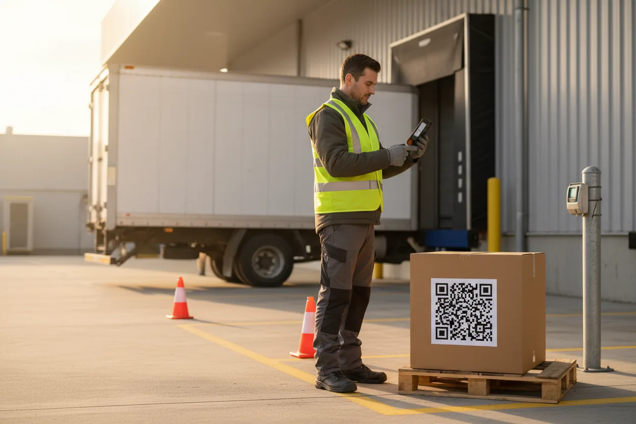 Motorista de entrega escaneia QR Code em pacote em checkpoint de hub de distribuição