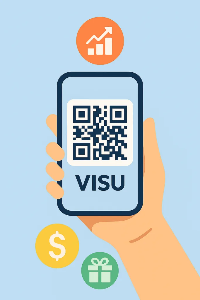 Interface da VISU mostrando criação de QR code grátis com smartphone escaneando código e ícones representando finanças, marketing, análises de dados e sistema de recompensas