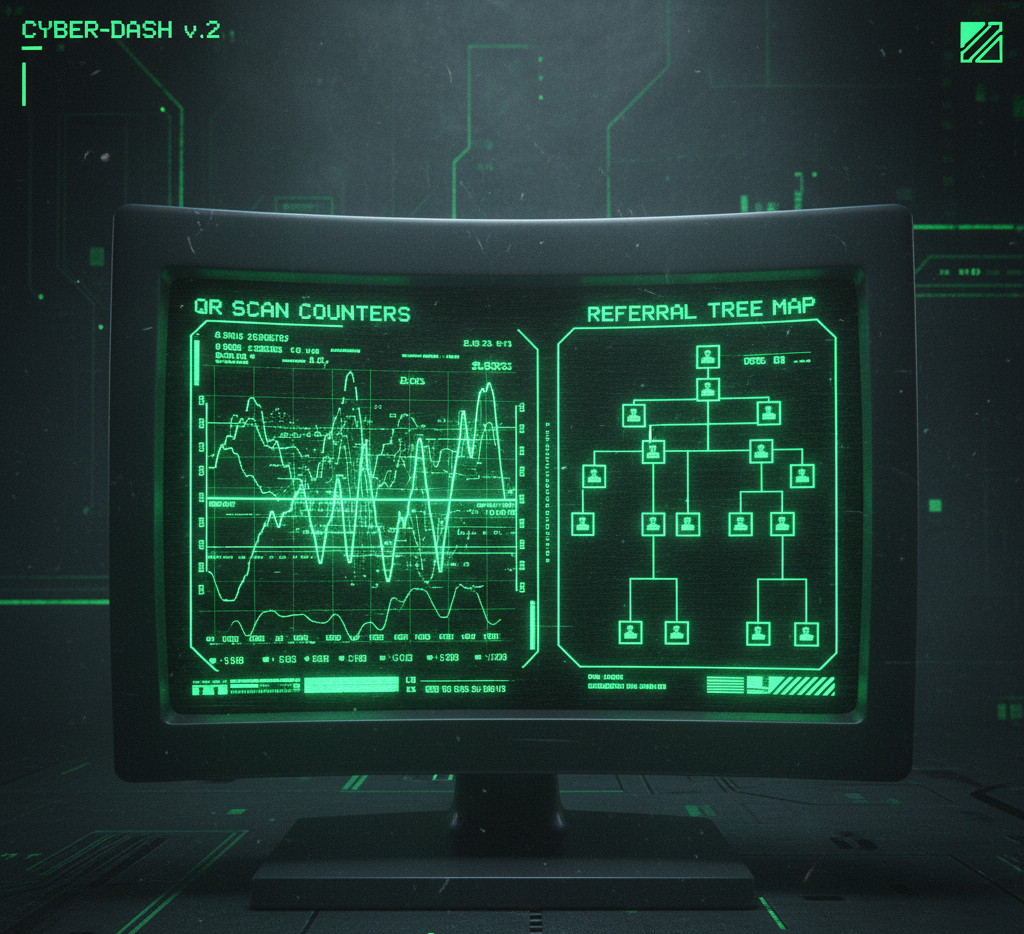 VISU dashboard showing QR scan analytics, referral layers, and contact capture metrics