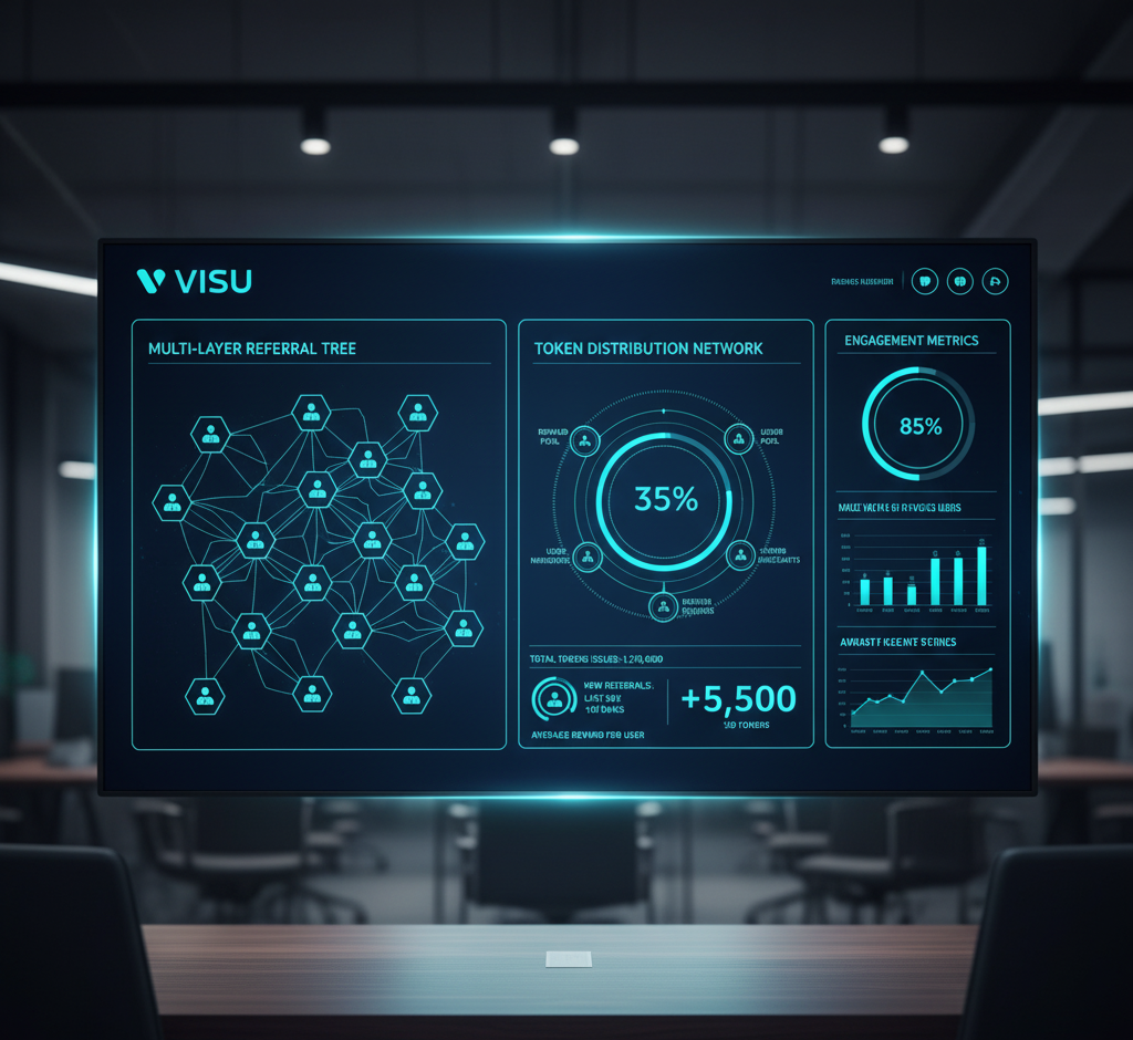 VISU dashboard showing multi-layer rewards distribution and referral tree