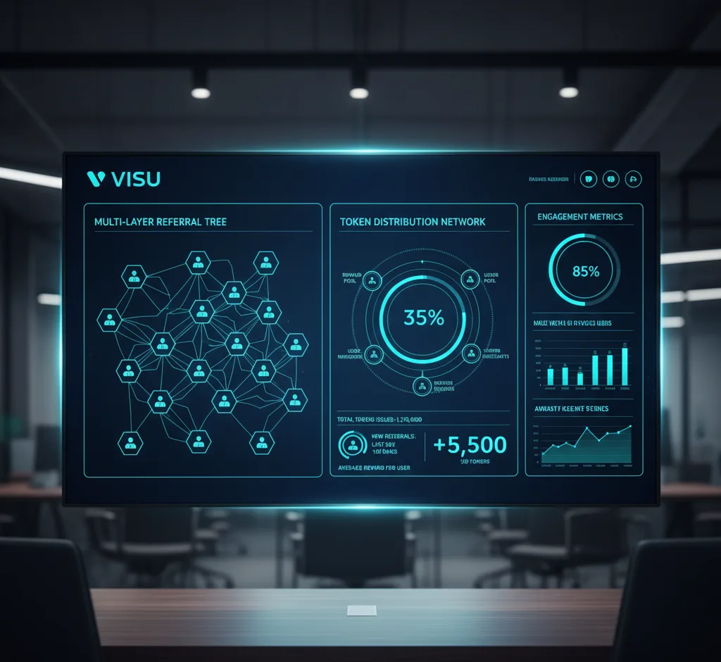 Dashboard VISU mostrando distribuição de recompensas multinível e árvore de indicação