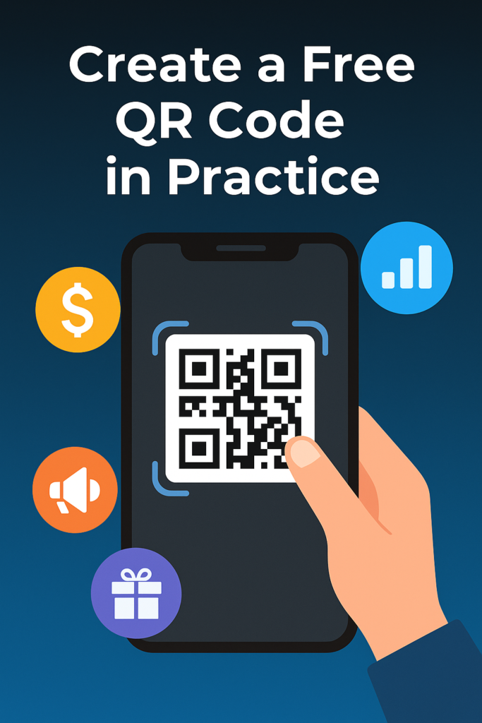 Free QR Code Generator in practice – VISU Example with a smartphone scanning a QR code, surrounded by icons for finance, marketing, analytics, and rewards.