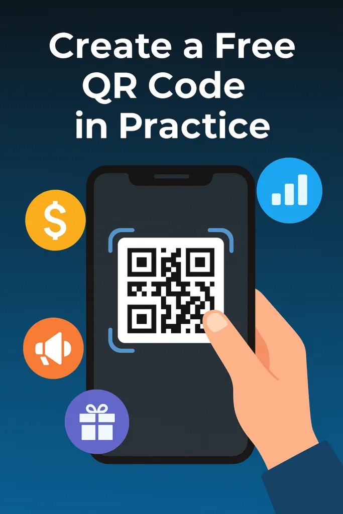 Free QR Code Generator in practice showing smartphone scanning QR code with icons for finance, marketing, analytics, and rewards