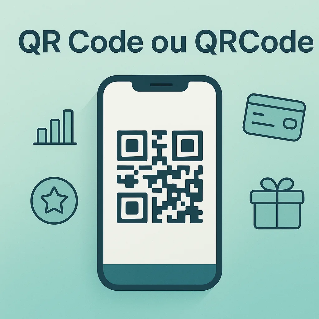 Código QR en smartphone con íconos de marketing, pagos, gamificación y recompensas