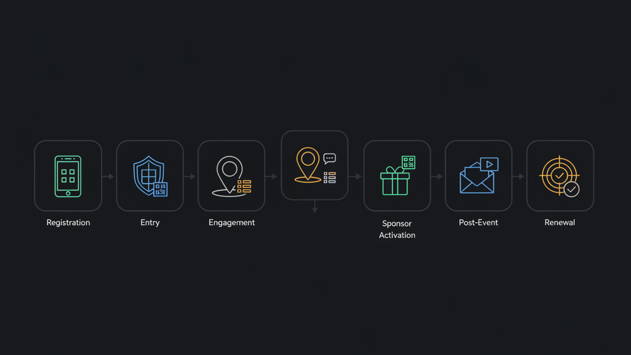 Dark-themed internal banner showing the QR event flow: registration, entry, engagement, sponsor activation, post-event, renewal