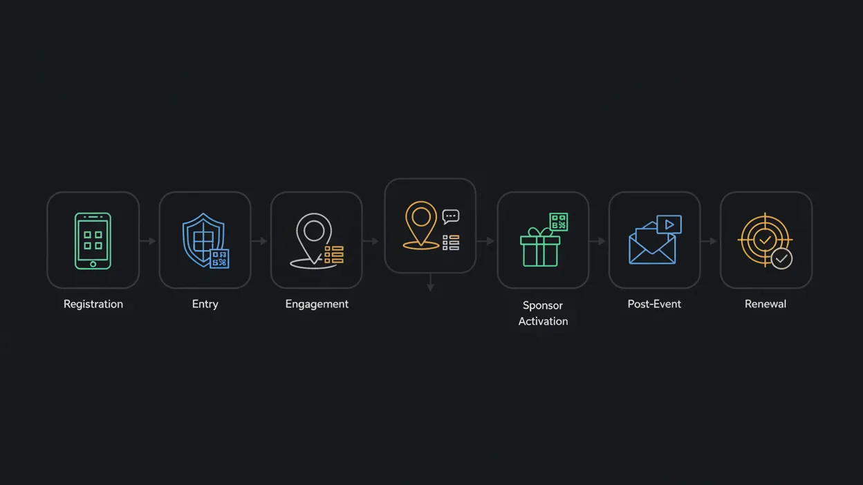 Flujo de la plataforma VISU mostrando el recorrido QR integrado desde el registro hasta el dashboard de analíticas