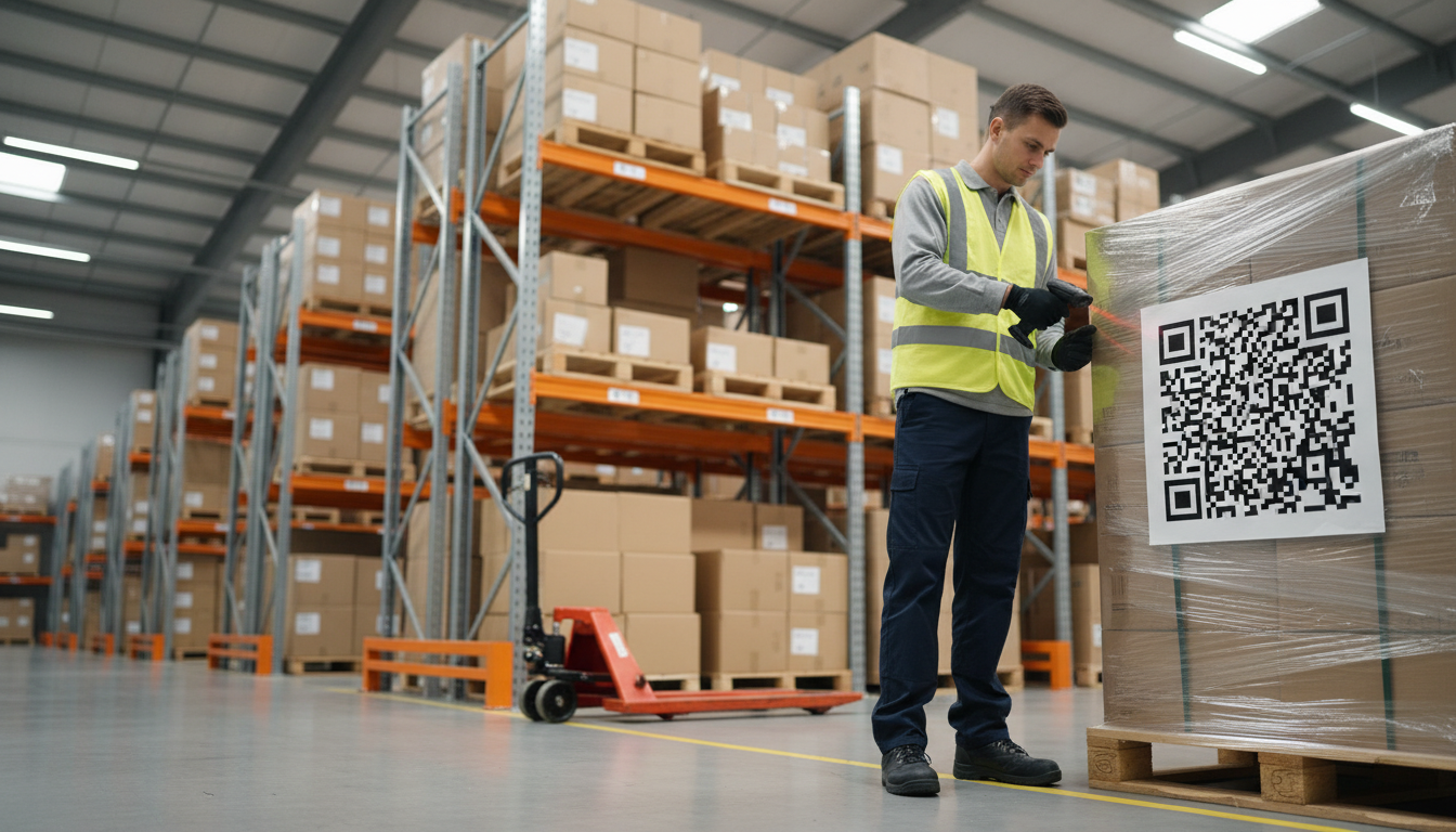 Logistics worker scans a QR code on a pallet inside a modern warehouse