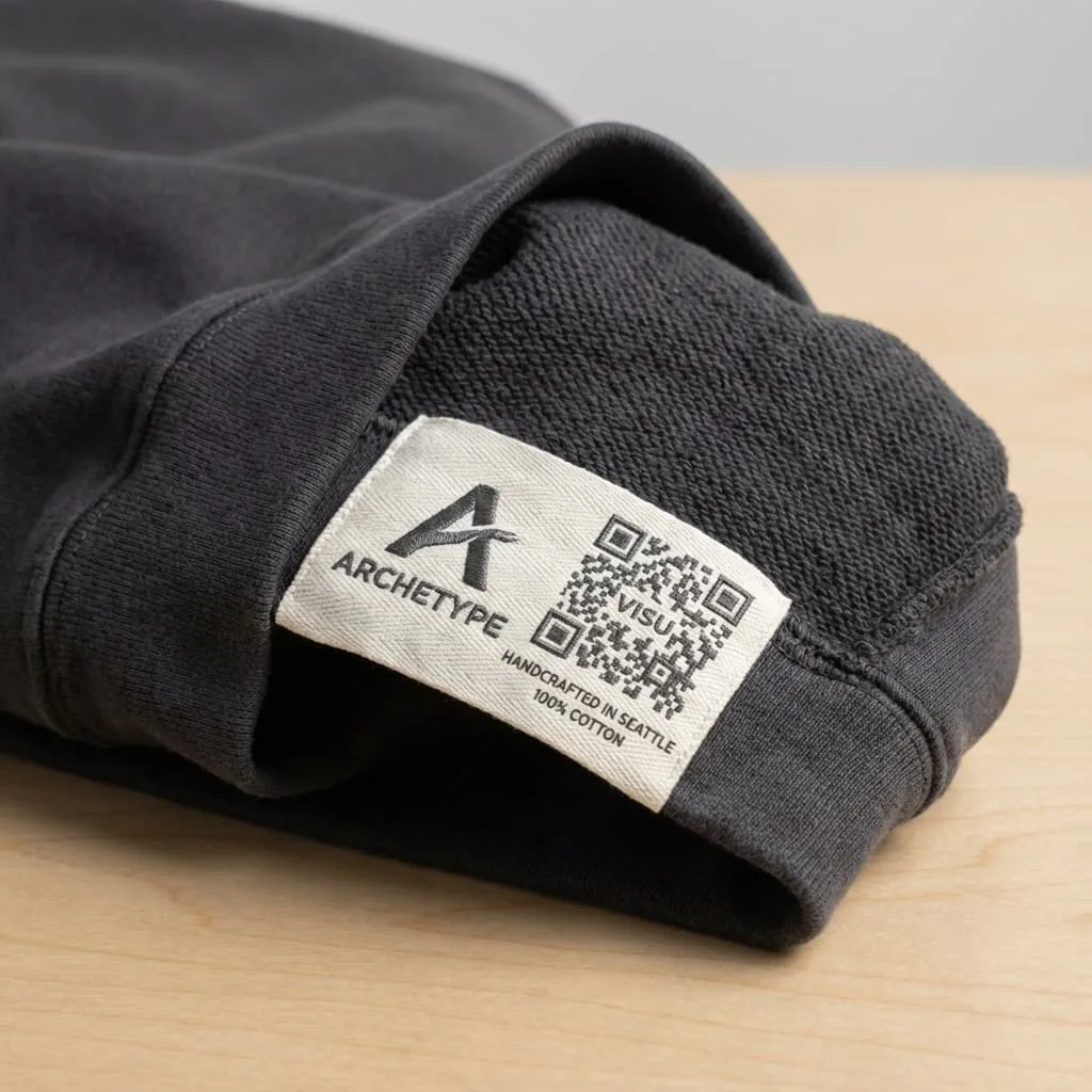 Creator merchandise hoodie showing integrated QR code on the sleeve