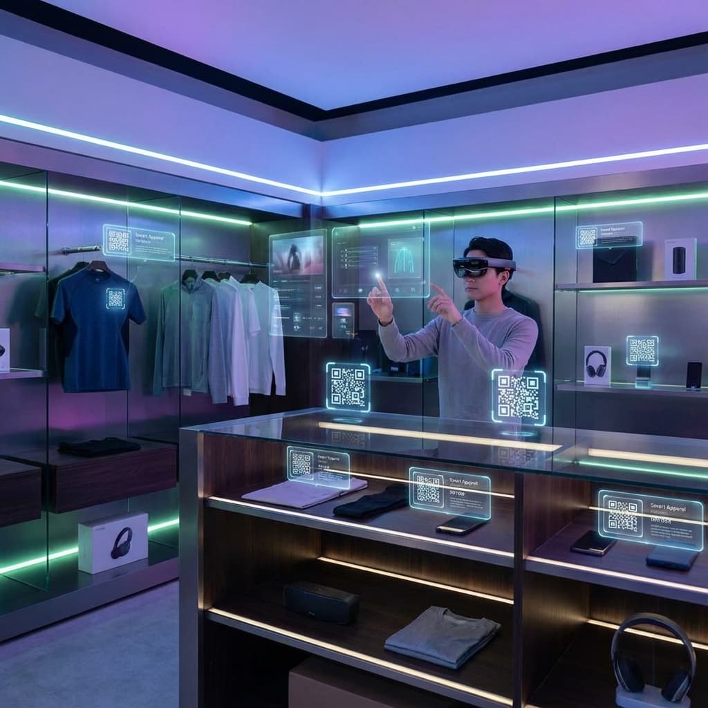 Person using an augmented reality headset inside a retail environment.