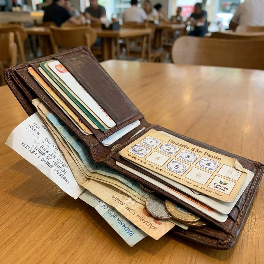 Open wallet full of crumpled paper cards, including barely used punch loyalty cards.