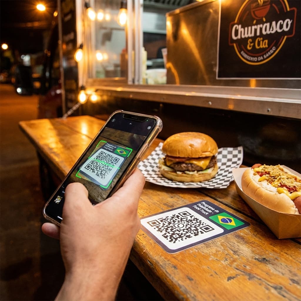 Customer scanning a digital loyalty QR code on a food truck counter with their meal next to it.
