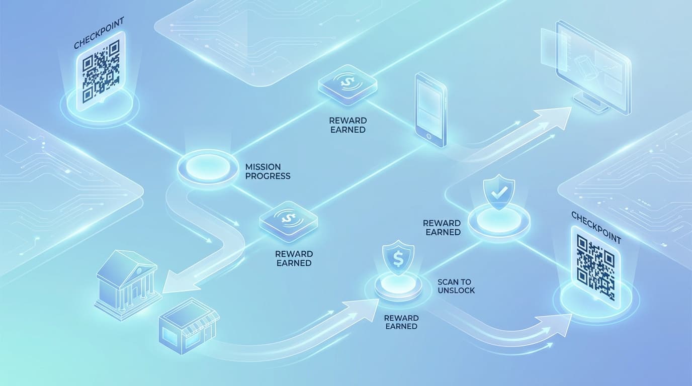 Phygital activation map showing QR checkpoints, missions, and engagement flows from offline to online.