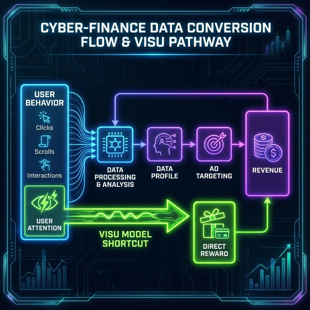 Diagrama de flujo mostrando cómo la atención se convierte en moneda digital a través de diferentes modelos de monetización