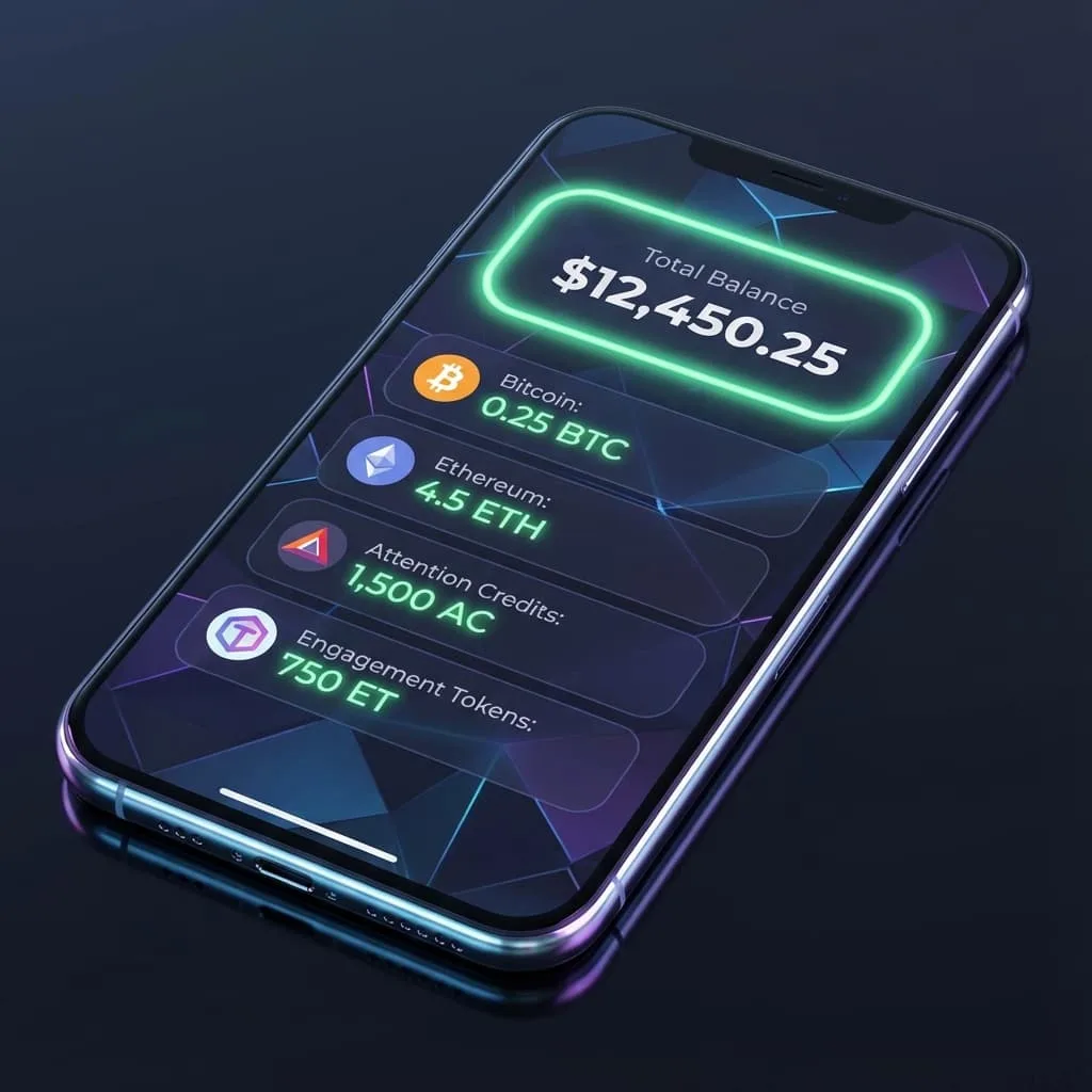Billetera digital mostrando activos de atención junto a moneda tradicional en un portfolio corporativo