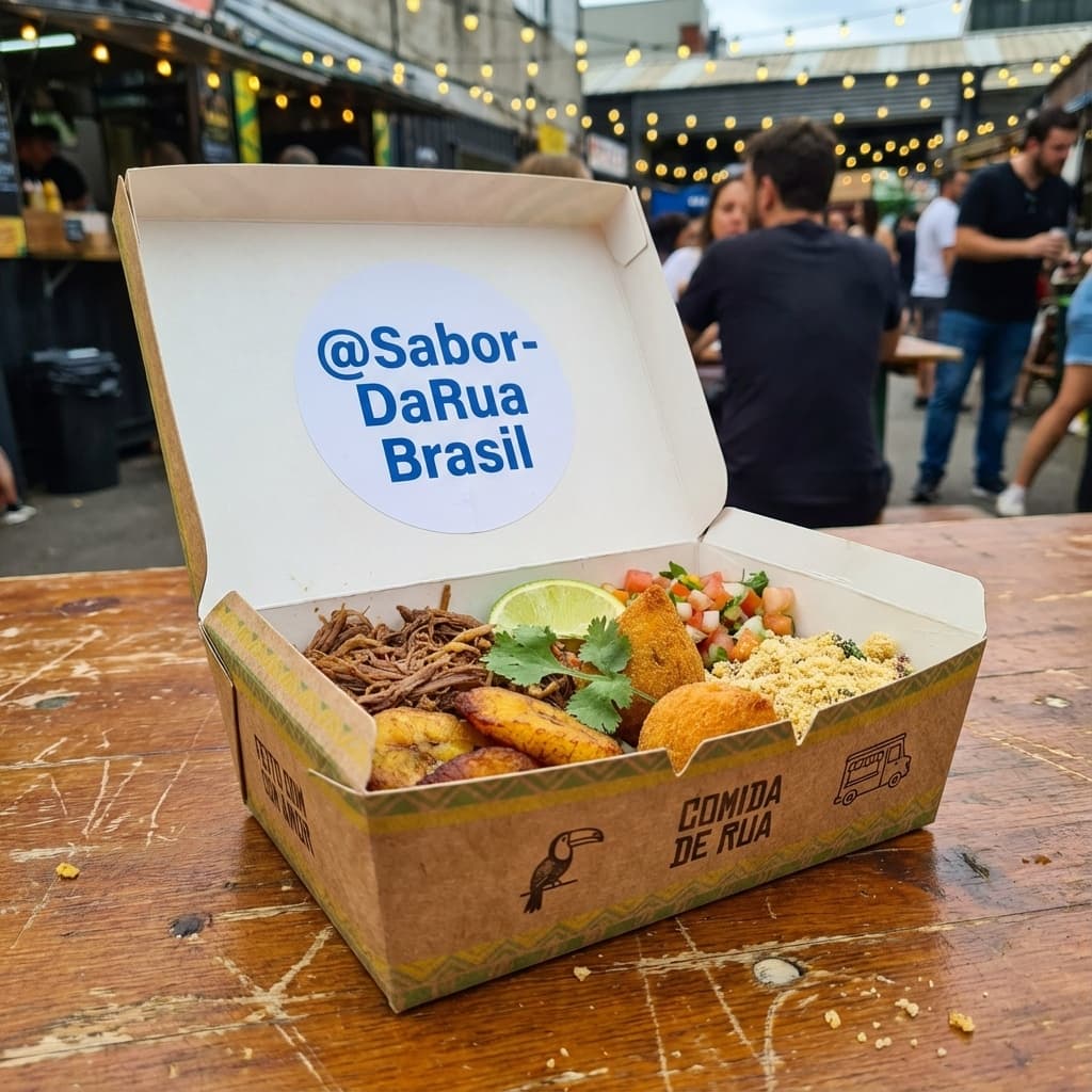 Food truck burger box with bold design and Instagram handle in focus on a table.