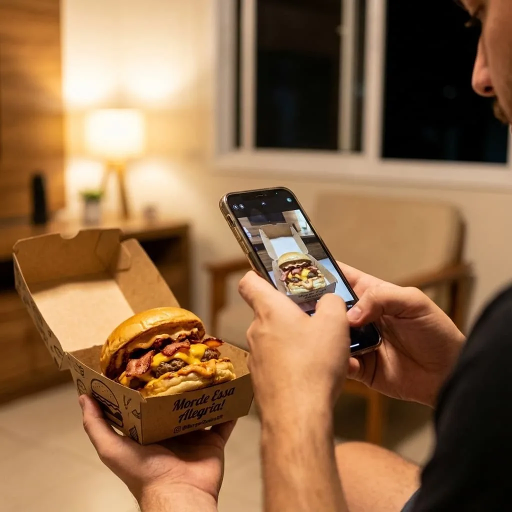 Customer taking a photo of a burger in custom packaging with a fun phrase and Instagram handle