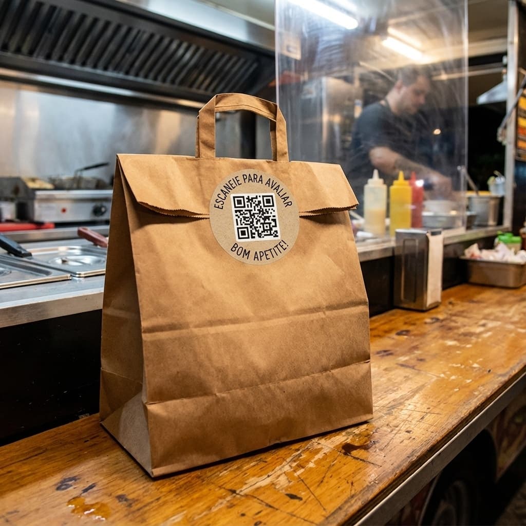 Packed burger with a seal sticker that has a QR code and a phrase inviting the customer to scan.