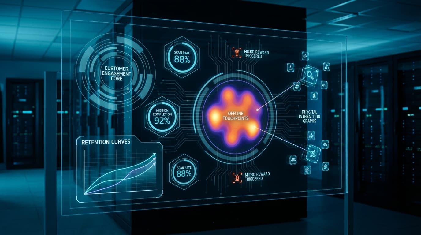Engagement dashboard showing online metrics combined with offline QR scans and mission completion events.