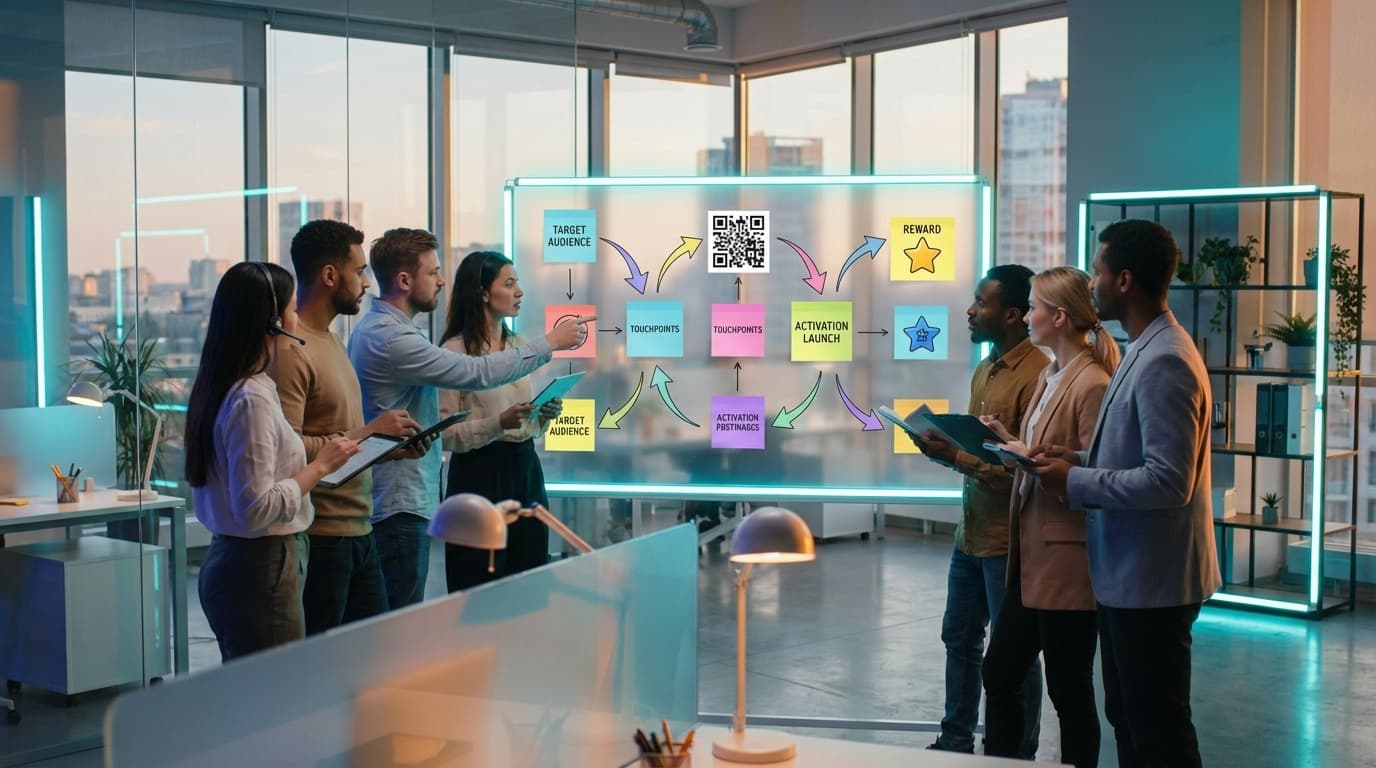 Event marketing team planning an activation journey on a digital whiteboard
