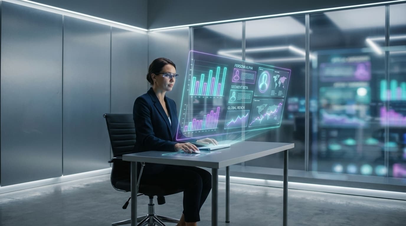 Profissional de marketing de eventos analisando segmentos de público e dashboard de vendas de ingressos