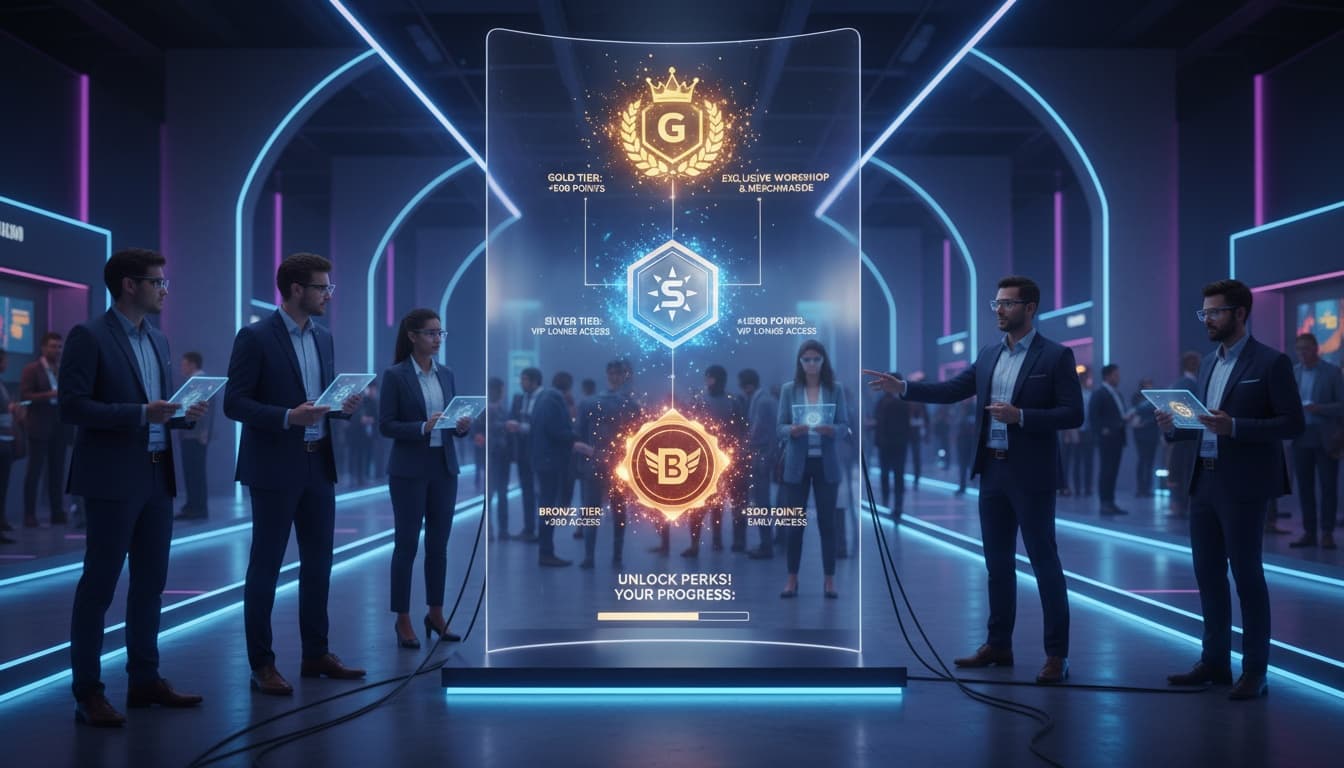 Gamified reward tiers for an event displayed on a screen with badges and perks