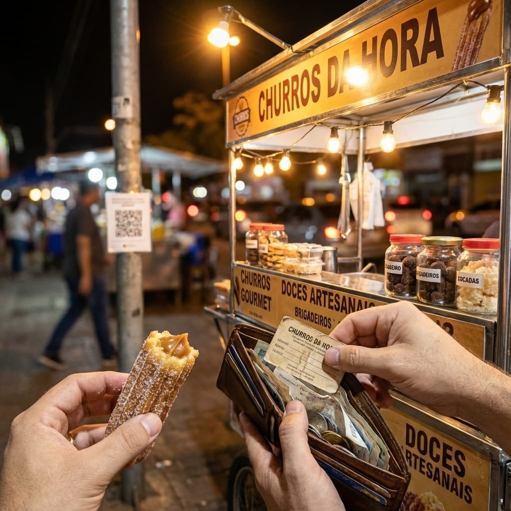 Customer trying to find a paper punch card in a crowded wallet while holding a churro.