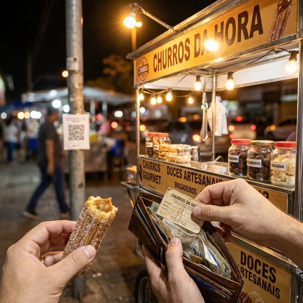 Customer trying to find a paper punch card in a crowded wallet while holding a churro.