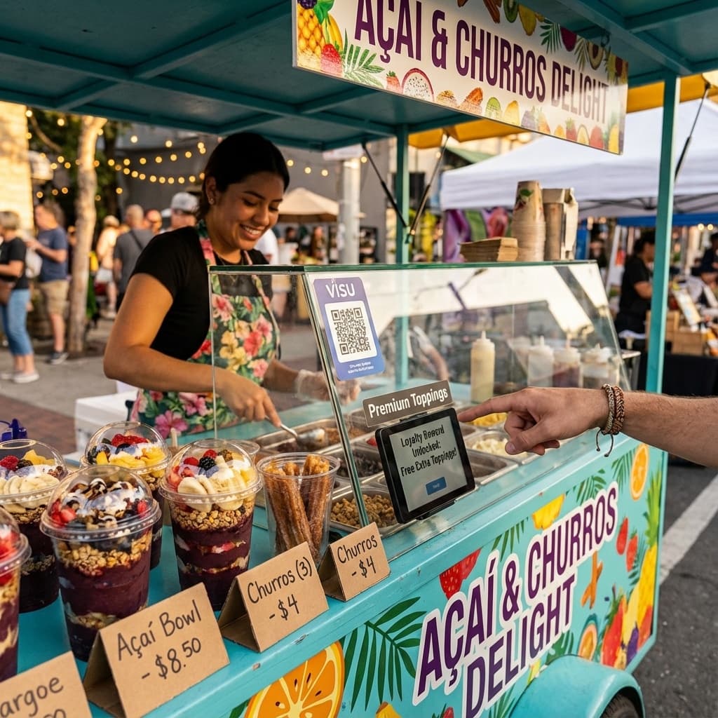 Customer choosing toppings on an acai bowl with a digital loyalty program active.
