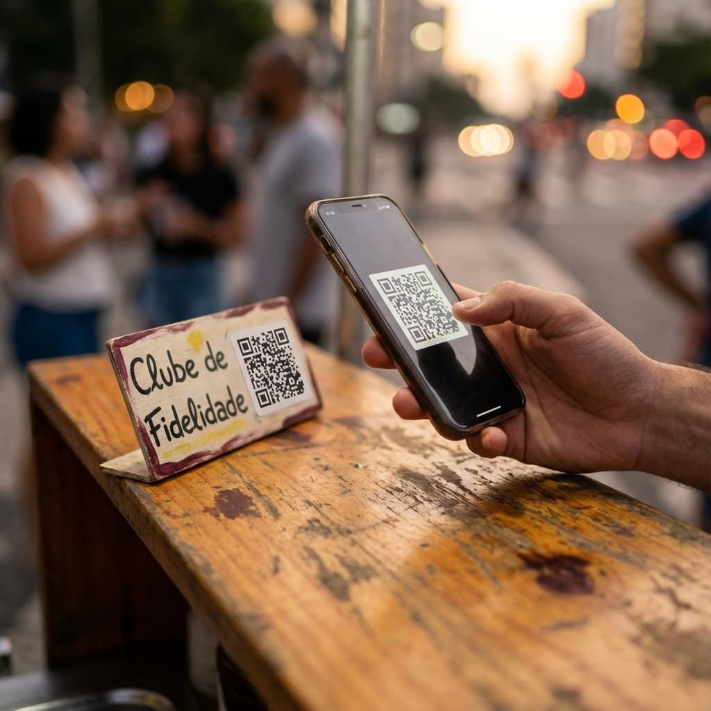 Customer scanning a QR Code loyalty program at an acai and churro cart.