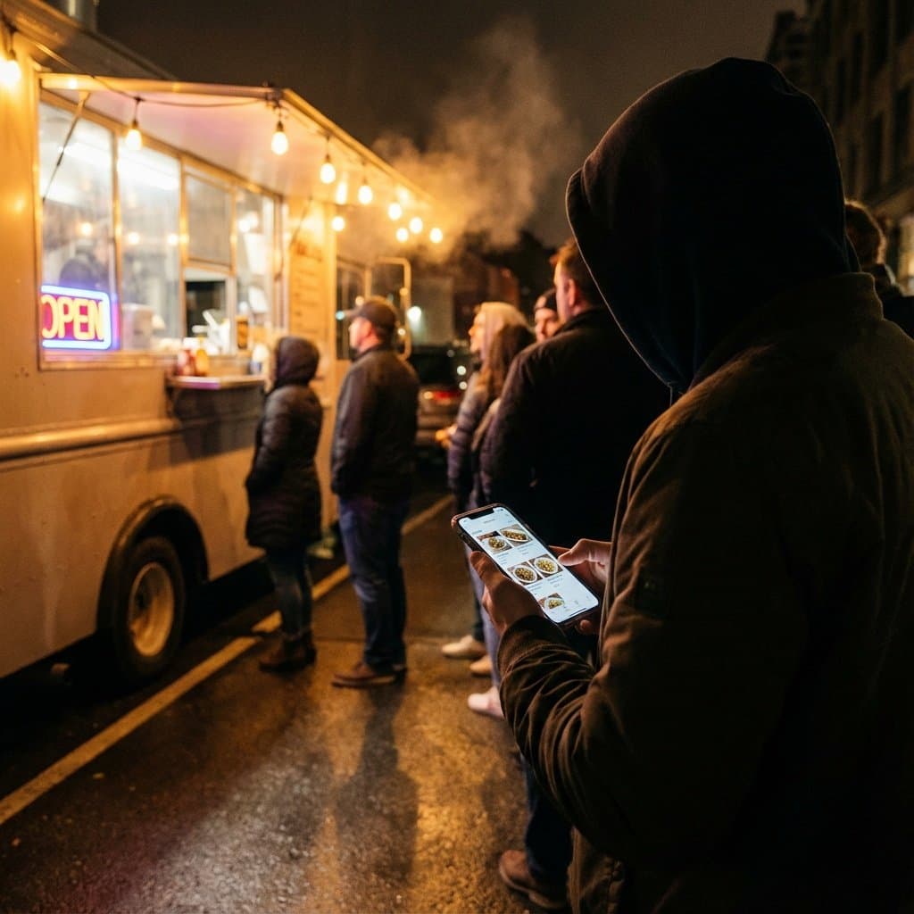 Food truck line stuck because customers are still deciding what to order.