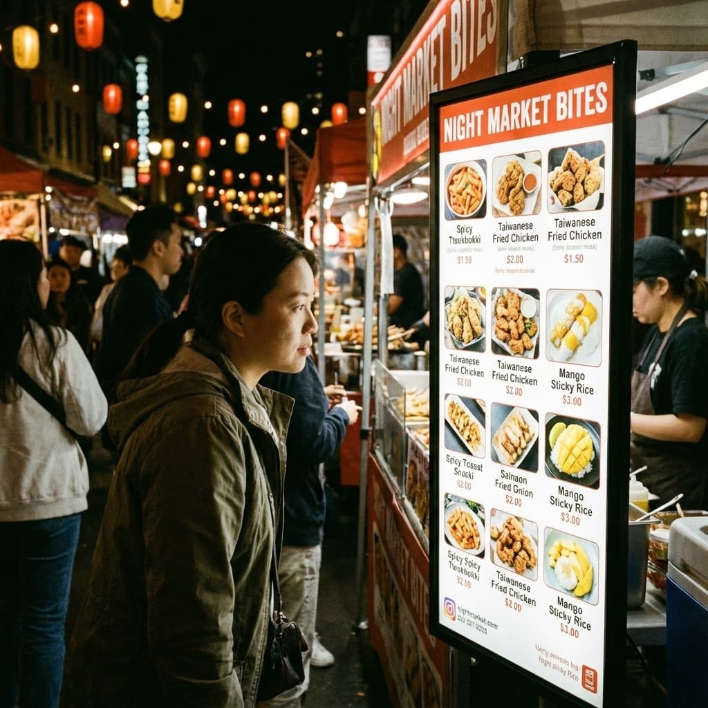 Customer reading menu options at a street food stand.
