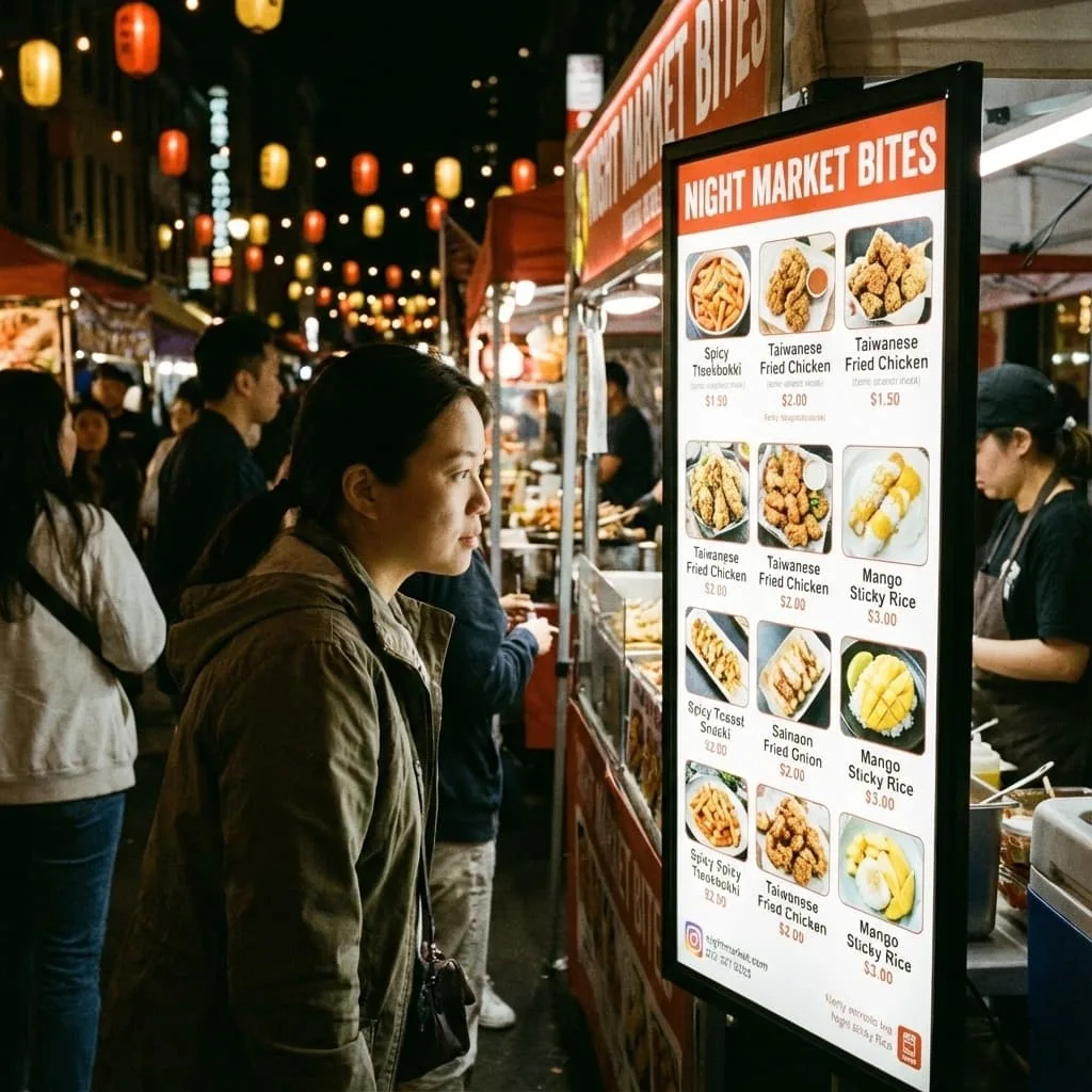Customer reading menu options at a street food stand