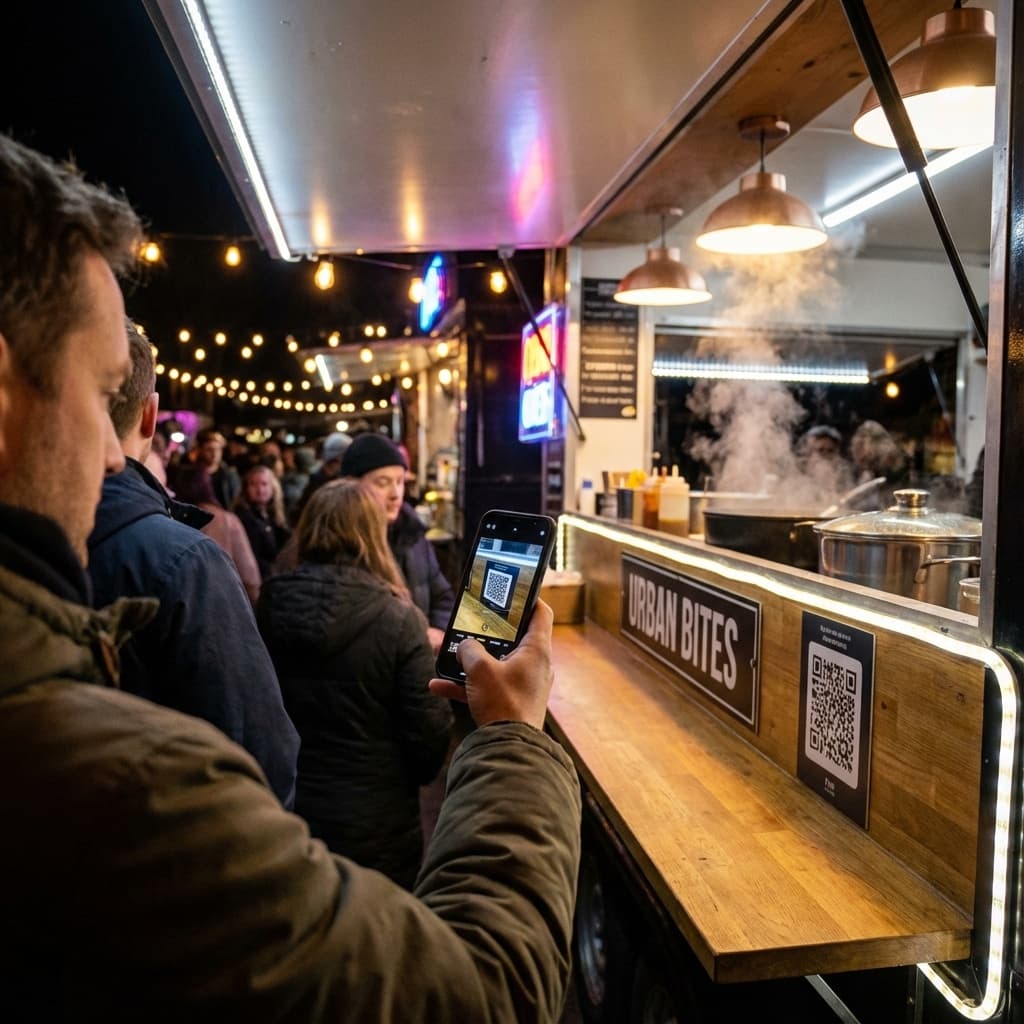 Customer scanning a QR Code while waiting in a food truck line.