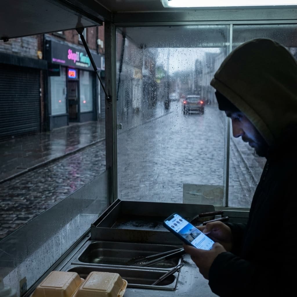 Food truck and street food stand operating under rainy weather with low foot traffic.