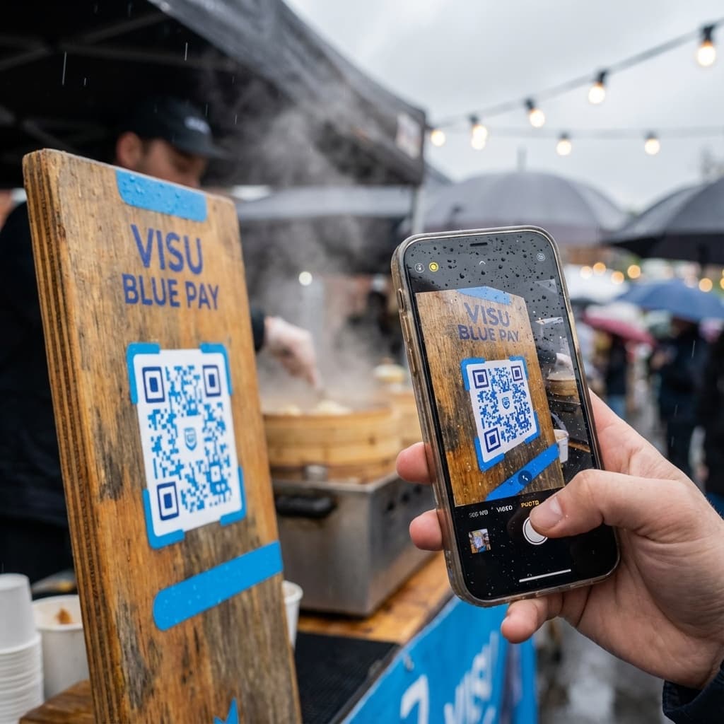 Customer scanning a VISU QR Code to receive offers even on rainy days.