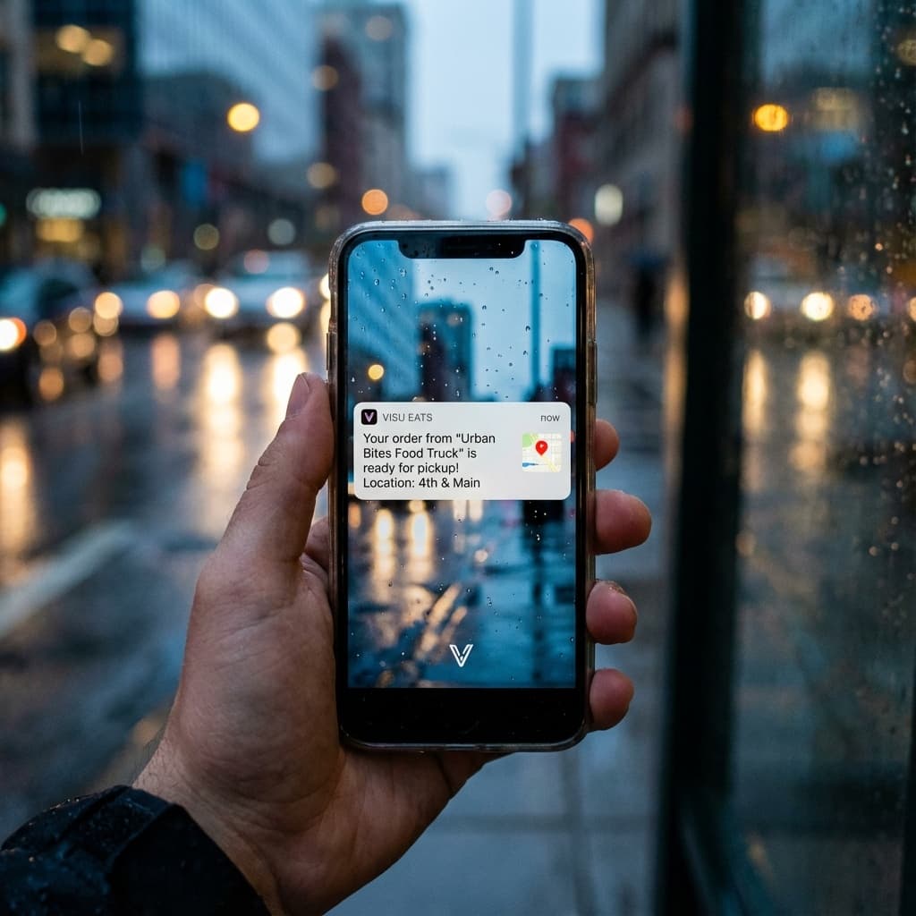 Food truck owner sending a notification to customers who are already on their VISU list.